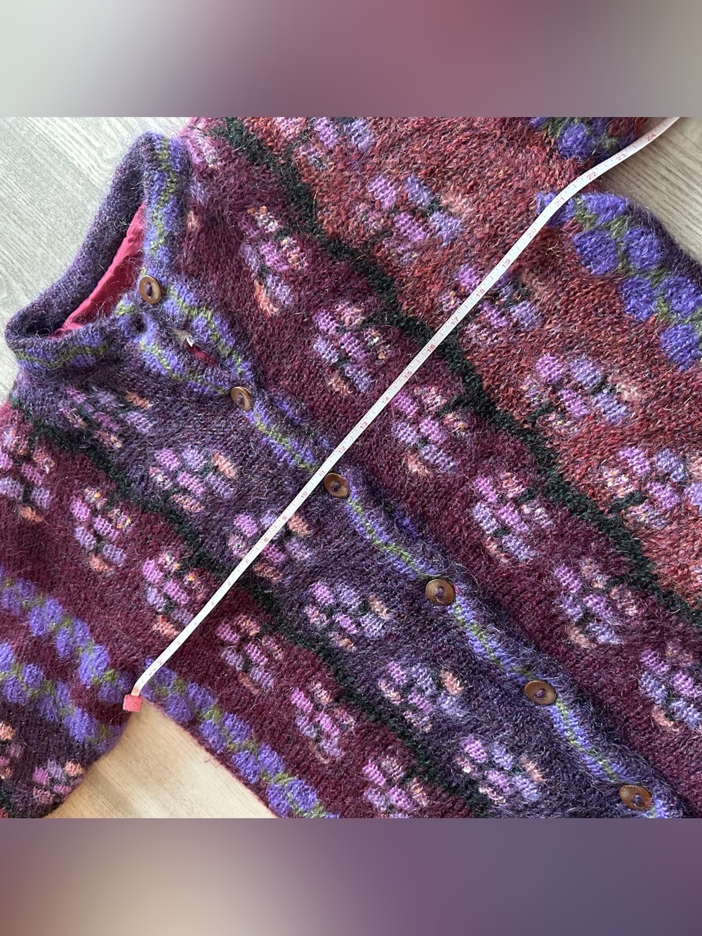 Vintage Blarney Purple Mohair Wool Floral Knit Button Cardigan Coat Medium - Picture 9 of 11